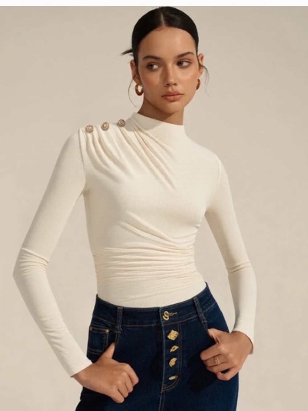 NWT Commense Cream Long-Sleeve Mock Neck Top with Shoulder Buttons XL